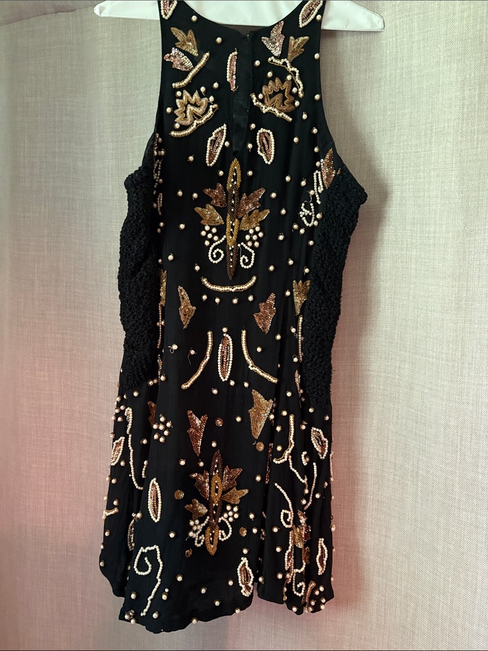 Vintage Black Mini Dress with Gold and Pearl Embellishment - Picture 2 of 12